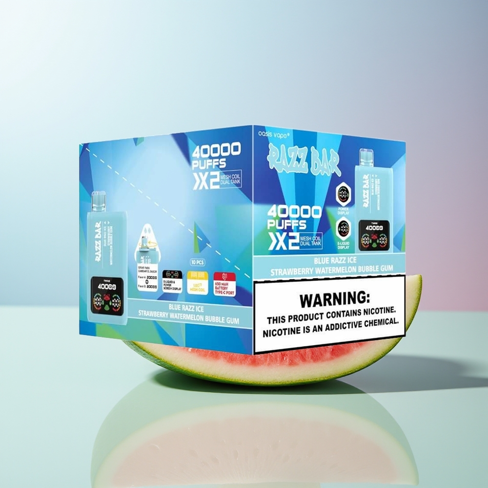 Razz Bar 40000 العلكة الفقاعية بطعم البطيخ والفراولة المثلجة مع توت أزرق وشاشة طاقة