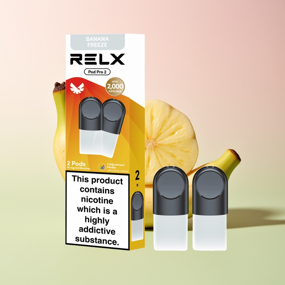 Relx Pod Pro 2 Vape Device مُجَمَّد الموز - 1.9 مل - 2 بود / عبوة - أوضاع متعددة (إيكو، سموث، بوست)