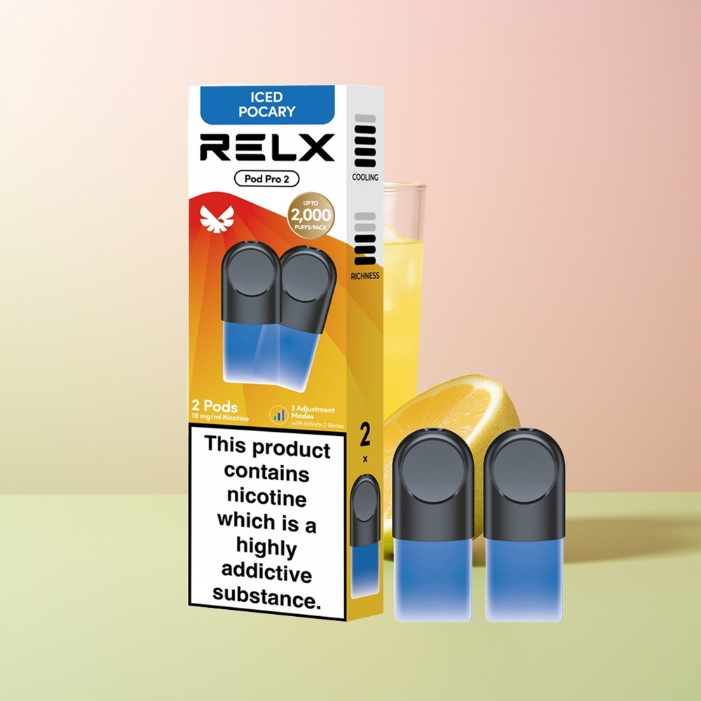 Relx Pod Pro 2 Vape Device مشروب-مثلج بوكاري مع 1.9 مل ووضعين: الوضع الناعم (6.5 واط)، الوضع المعزز (8 واط)